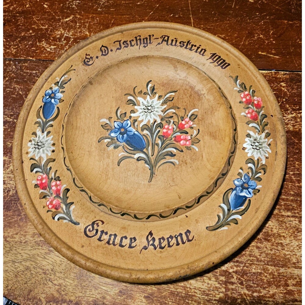Hand Painted Austrian Wood Collector Plate Floral 12" Wall Hang Vtg 1990